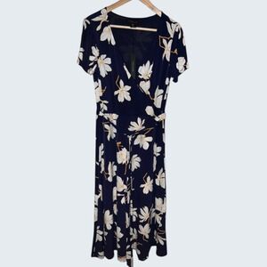 Tahari Womens Navy Blue Floral Faux Wrap Midi Dress Short Sleeve Size L NEW NWT